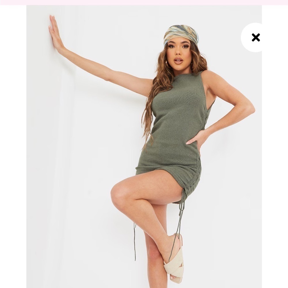 NWT Pretty Little Thing Sage Green Ruched Tie Side Cotton Knit Mini Dress Sz Med